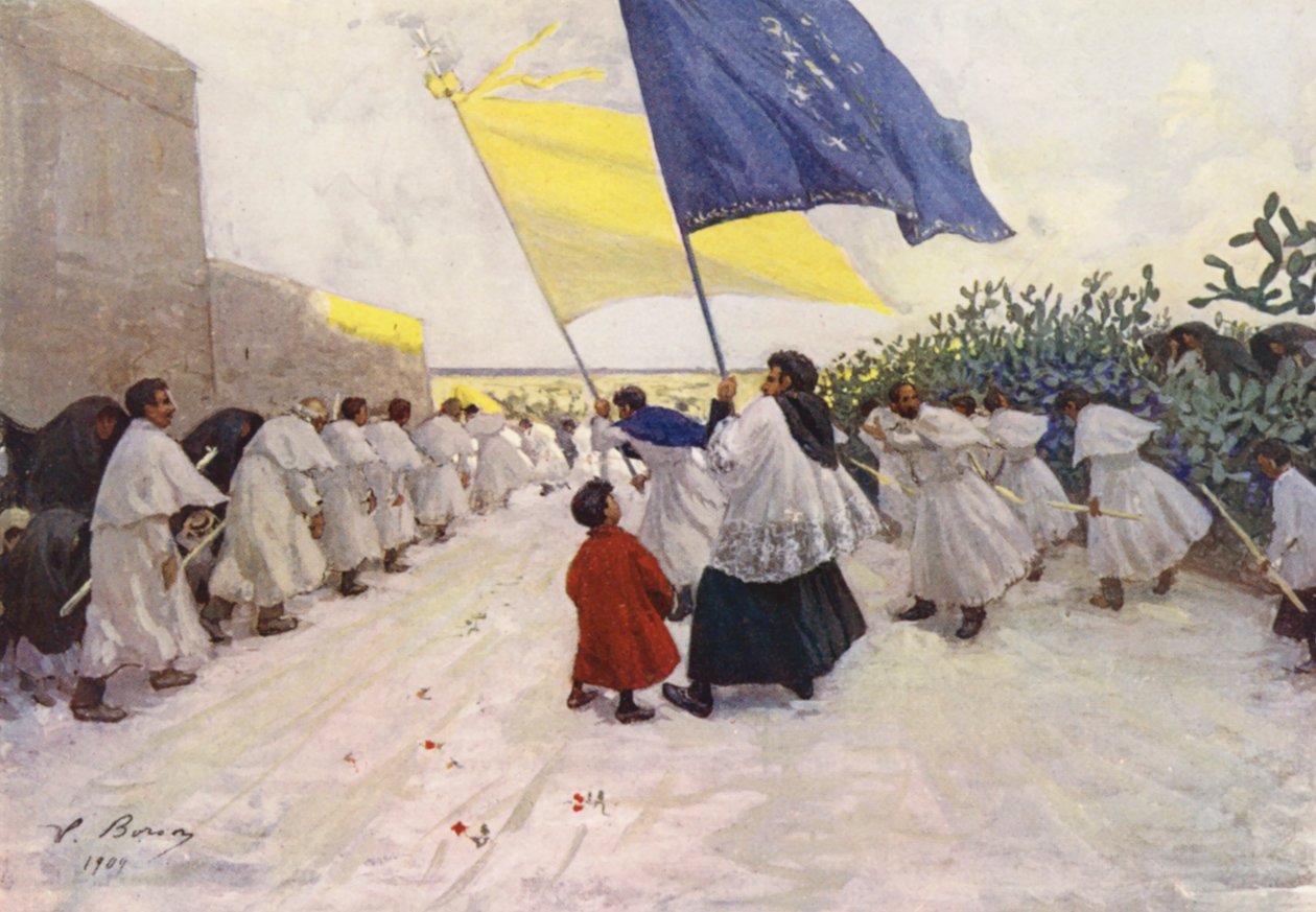 Malta: Processie bij zonsondergang in Citta Vecchia (kleurenlitho) door Vittorio Boron