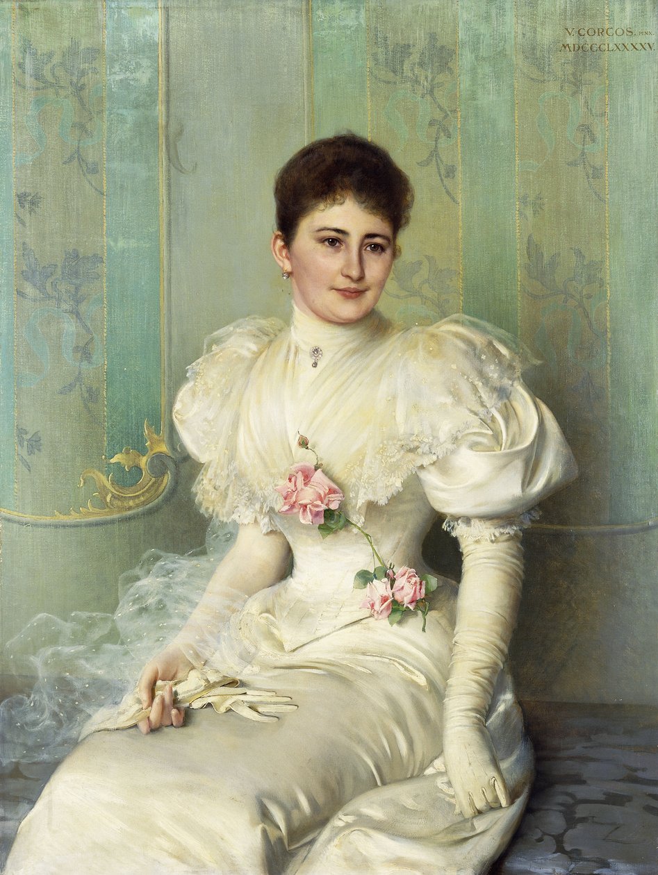 Portret van een Dame, zittend driekwart lengte, in een Witte Jurk door Vittorio Matteo Corcos