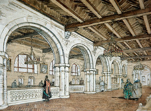 Ontwerp voor het interieur van een bank, gebaseerd op 17e-eeuwse stijl door Vladimir Pokrovsky