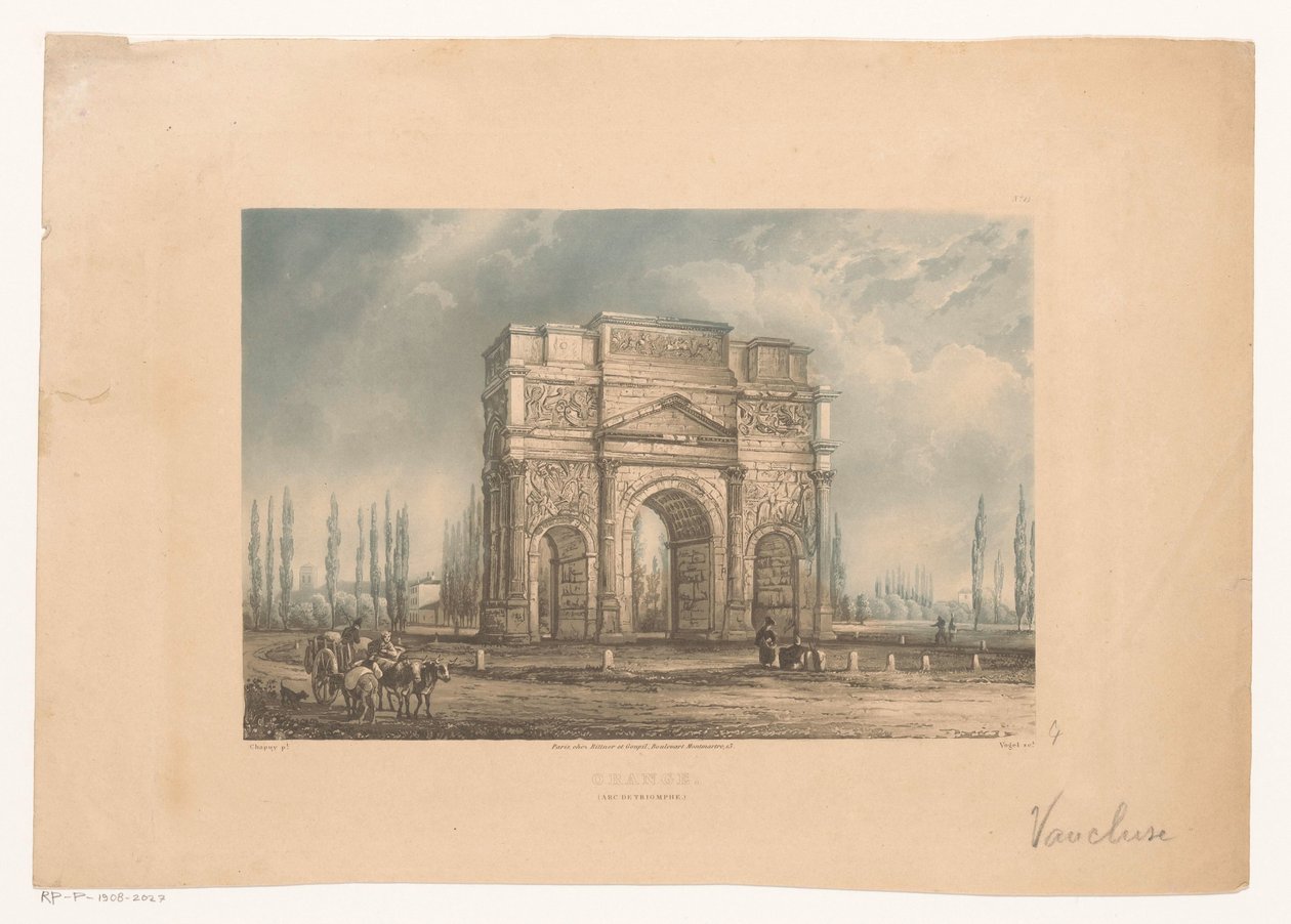 Landschap met de triomfboog van Orange met reizigers door Vogel (prentmaker)