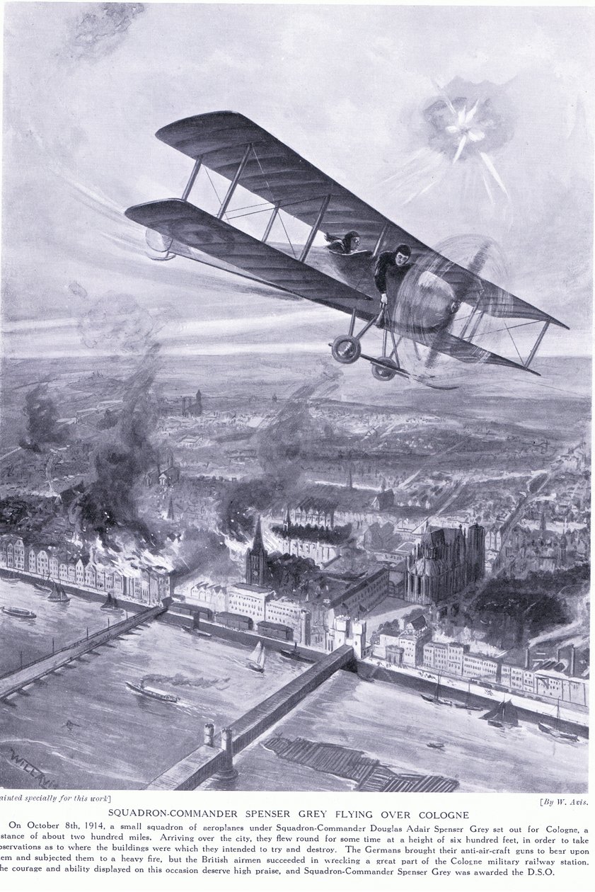 Squadron Commander Spenser Grey onderscheiden met DSO voor het overvliegen van Keulen en het bombarderen van een militair treinstation in oktober 1914 door W. Avis