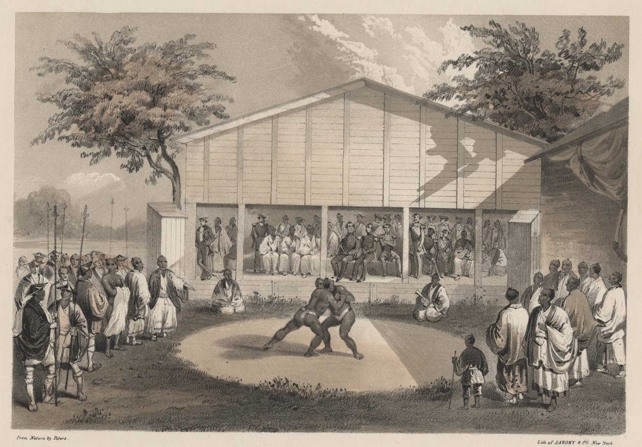 Worstelaars in Yokohama, litho door Sarony und Co., 1855 door W. T. Peters