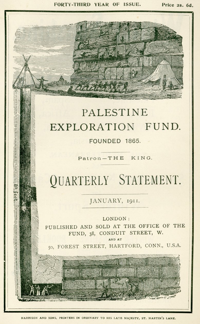 Frontispice die de verkenningen toont ondernomen door luitenant Charles Warren en zijn mannen, nabij de zuidelijke muur van de Haram al Sharif, Jeruzalem, uit de Quarterly Statement of the Palestine Exp door W.H. Simpson