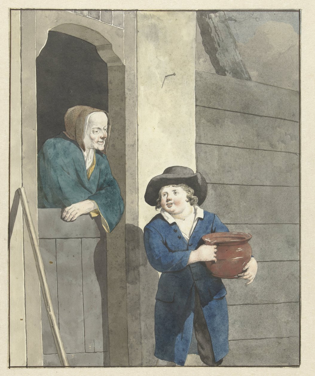 Jongen met een pot bij een vrouw leunend op een onderdeur door W. Barthautz