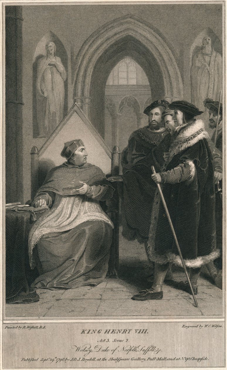 Koning Hendrik VIII. Act 3. Scene 2. Wolsey, Hertog van Norfolk, Suffolk & c, 1796 door W. C. Wilson