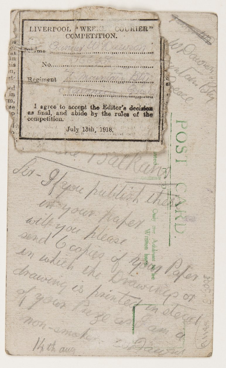 Ansichtkaart aan de redacteur van de Liverpool Weekly Courier, 14 augustus 1918 door W. Dawson
