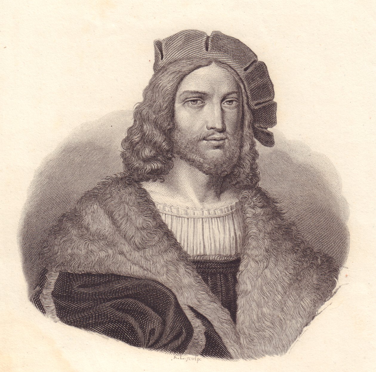 Portret van Italiaanse dichter Antonio Tebaldeo (1463-1537), kopergravure naar schilderij door Raphael door John Ward Dunsmore