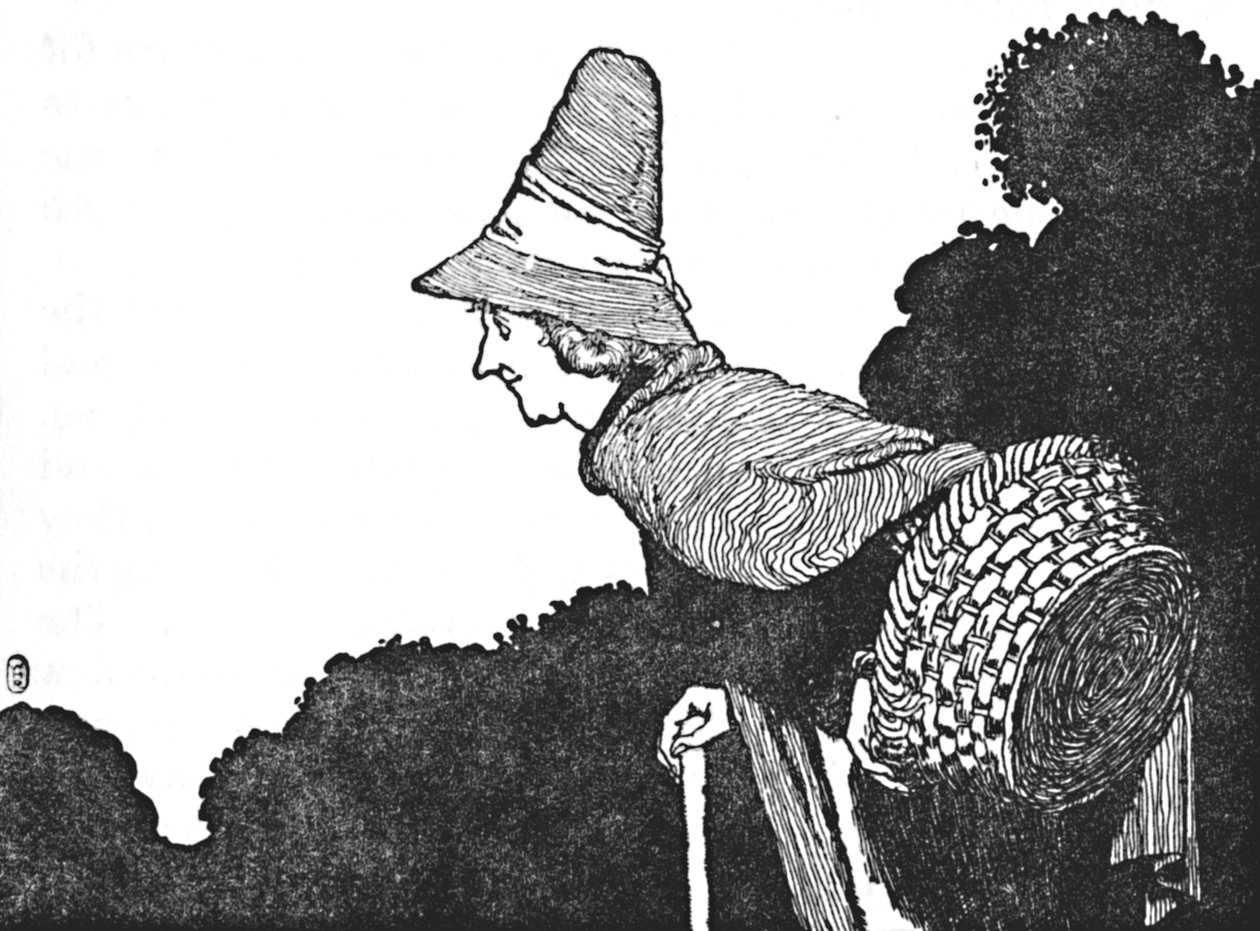 En ontmoette een oude vrouw met een mand vol bessen, ca. 1930 door William Heath Robinson