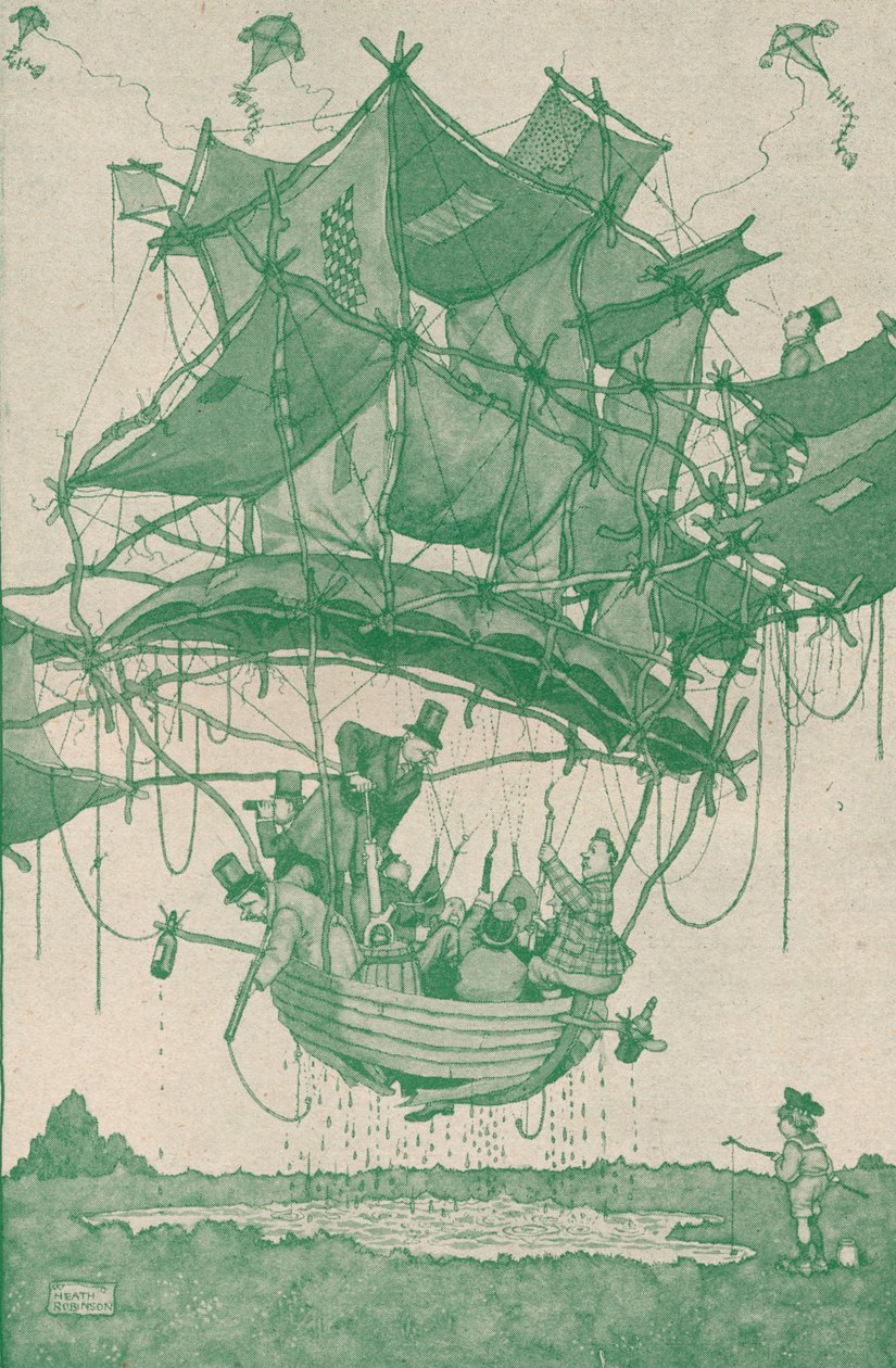 Een vroeg type watervliegtuig maakt een proefvlucht vanaf Hampstead Ponds, ca. 1918 door William Heath Robinson