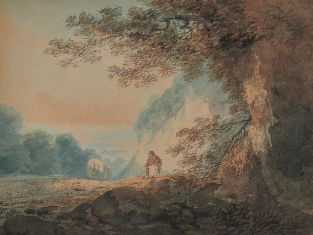 Landschap, boom in de rechter voorgrond, kar en figuren van vrouw en kind door W Payne