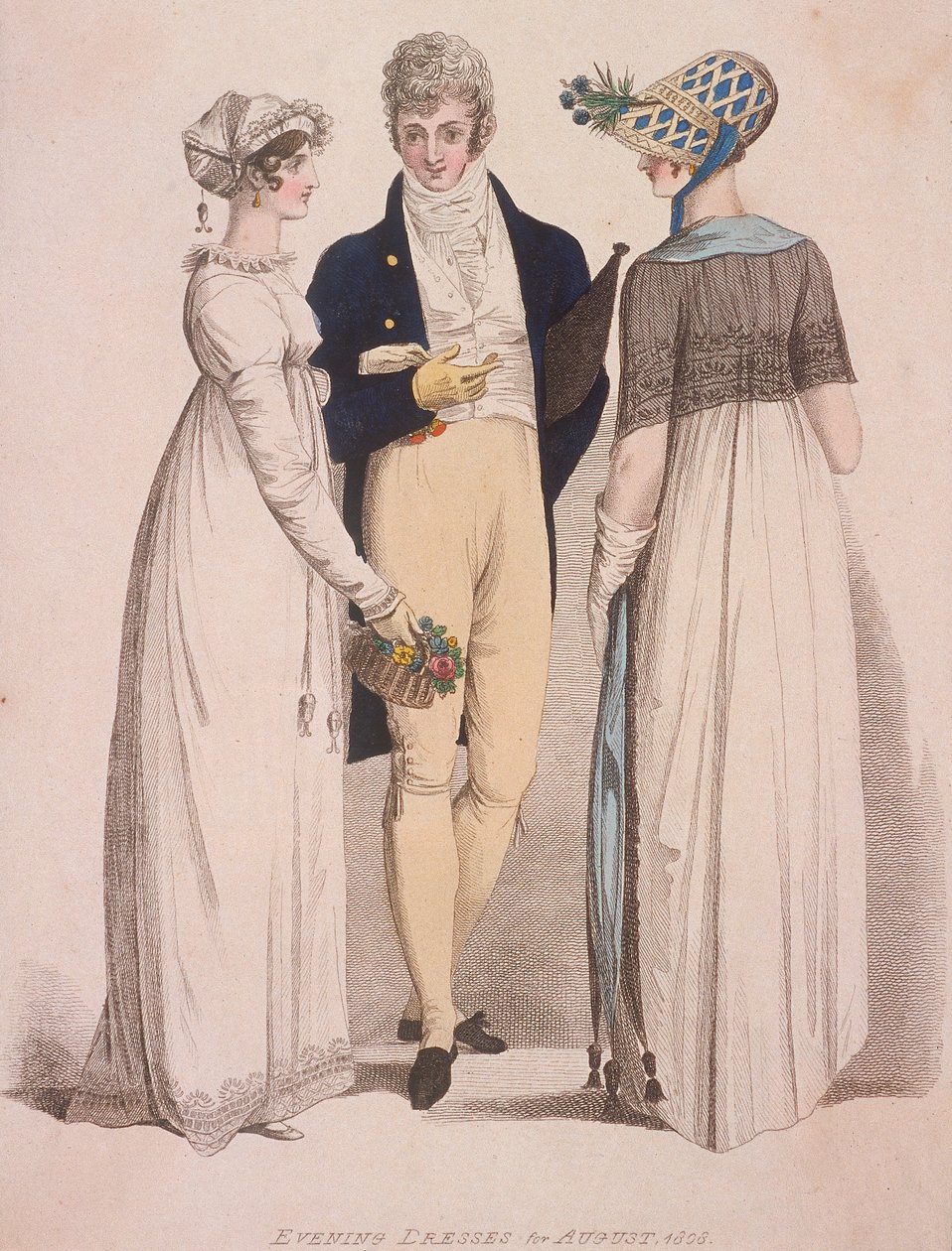 Twee vrouwen en een man in avondkleding, 1808 door W Read