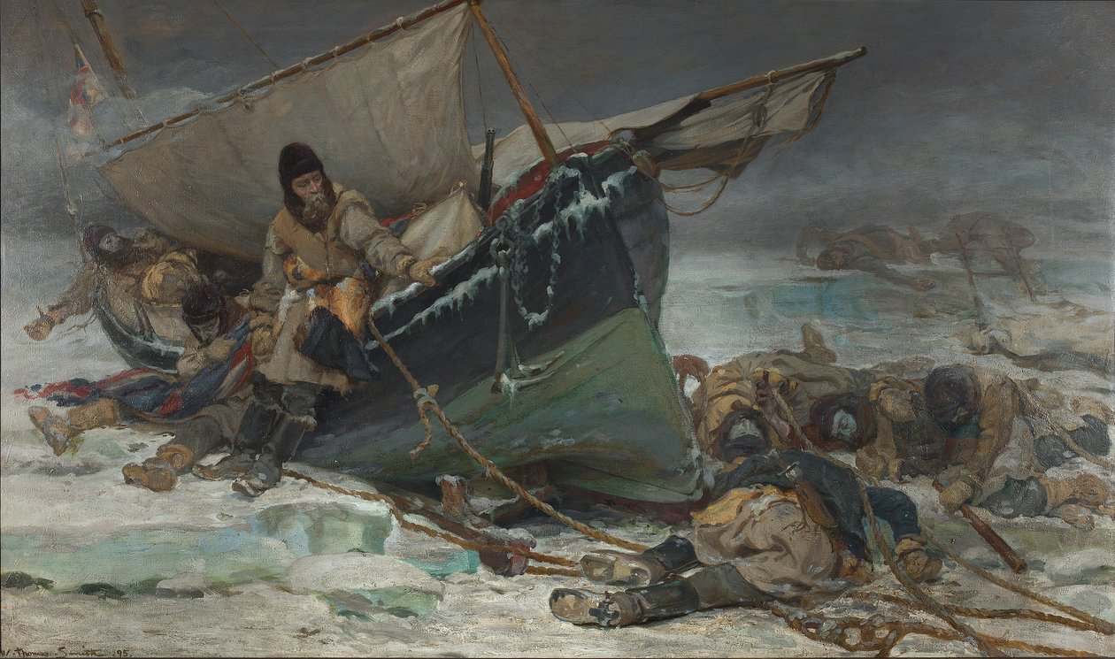 Sir John Franklin sterft bij zijn boot tijdens de Noordwestelijke Doorvaart-expeditie van HMS 