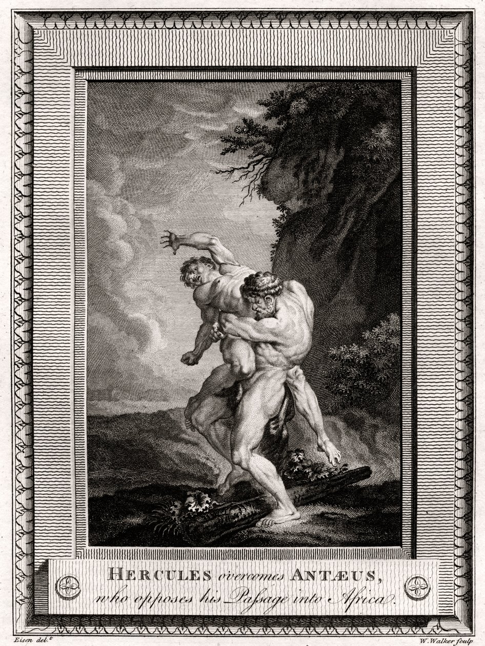 Hercules overwint Antaeus, die zijn doorgang naar Afrika tegenhoudt, 1775 door W. Walker