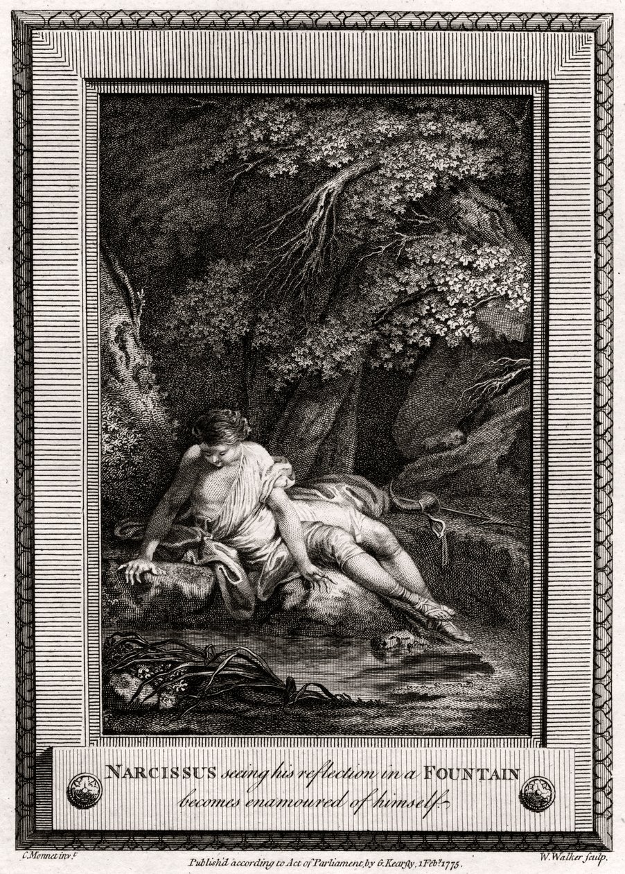 Narcissus ziet zijn reflectie in een fontein en wordt verliefd op zichzelf door W. Walker