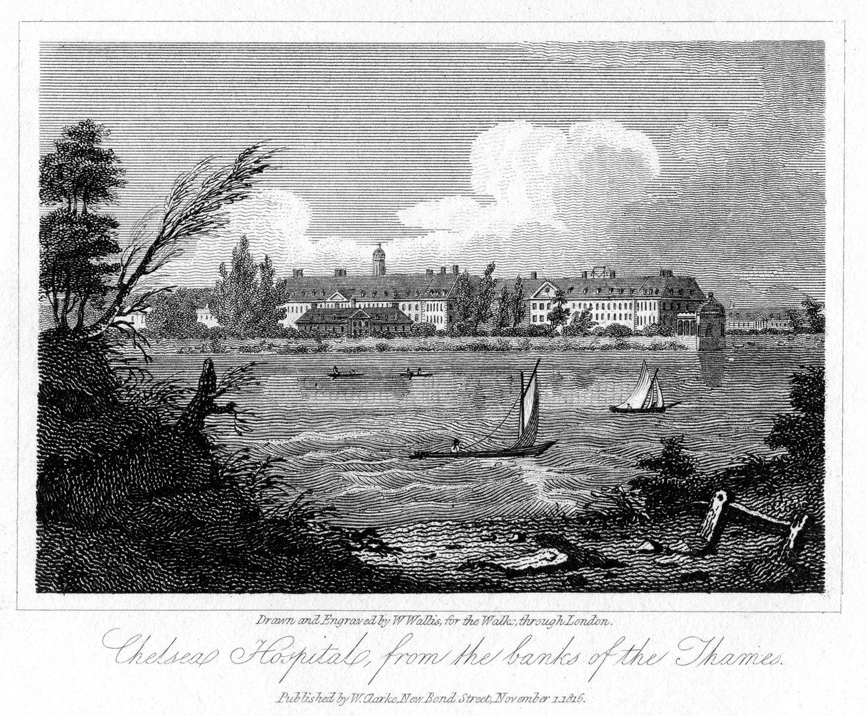 Chelsea Hospital, vanaf de oevers van de Theems, Londen, 1816 door W. Wallis