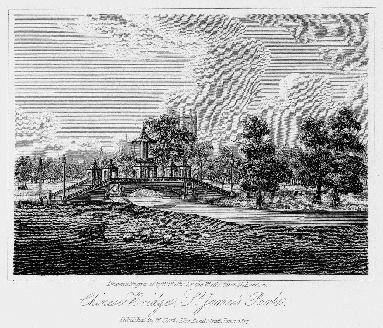 Chinese brug, St Jamess Park, Westminster, Londen, 1817 door W. Wallis
