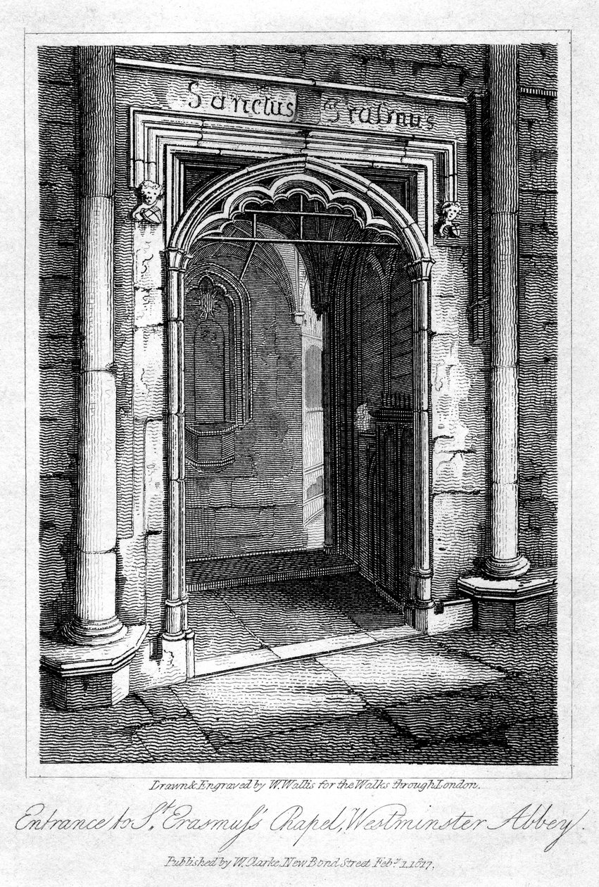 Ingang naar St Erasmuss Kapel, Westminster Abbey, Londen, 1817 door W. Wallis