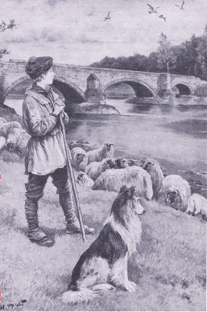 Het zicht op de oude Romeinse brug bij Musselburgh prikkelt de verbeelding van John Rennie de herdersjongen, uit Mijn Tijdschrift, pub.1922 door Wal Paget