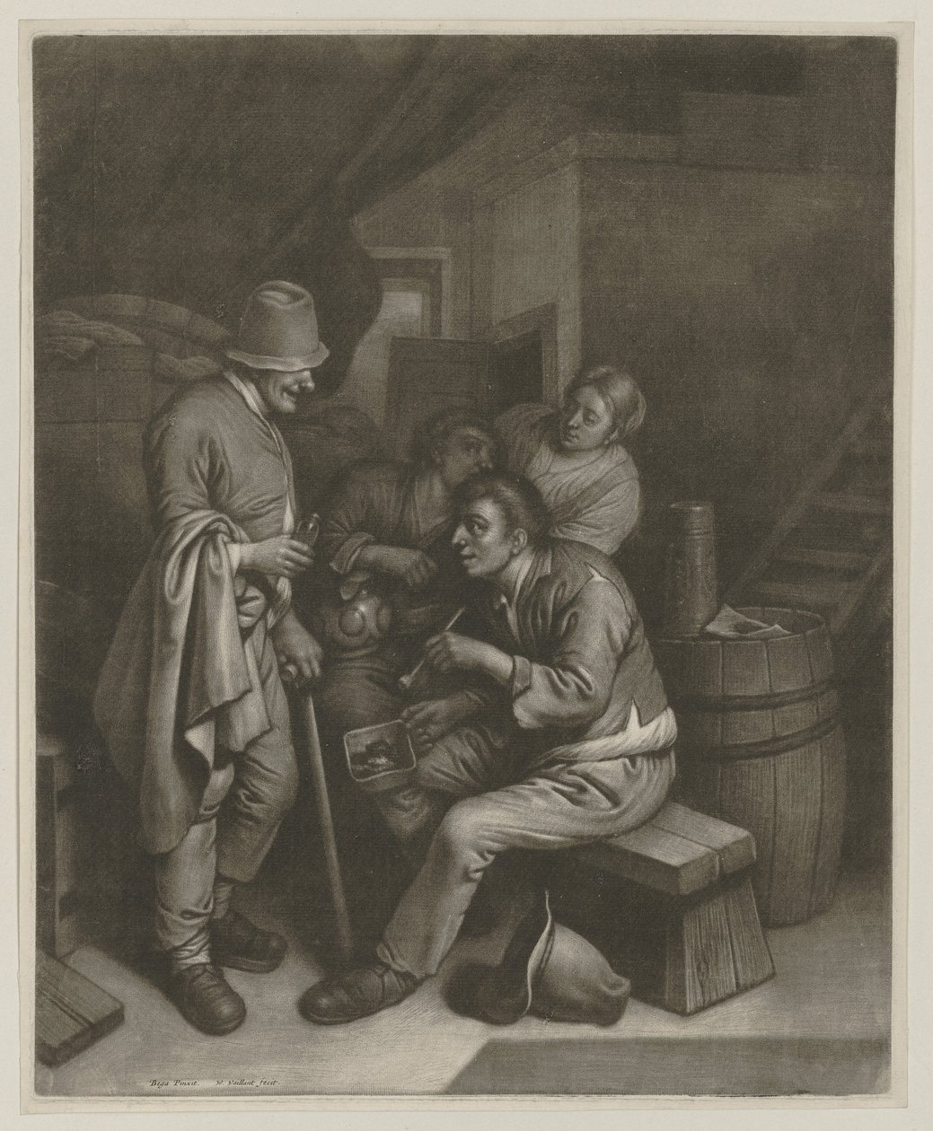 Drie mannen en een vrouw in de taverne door Wallerant Vaillant