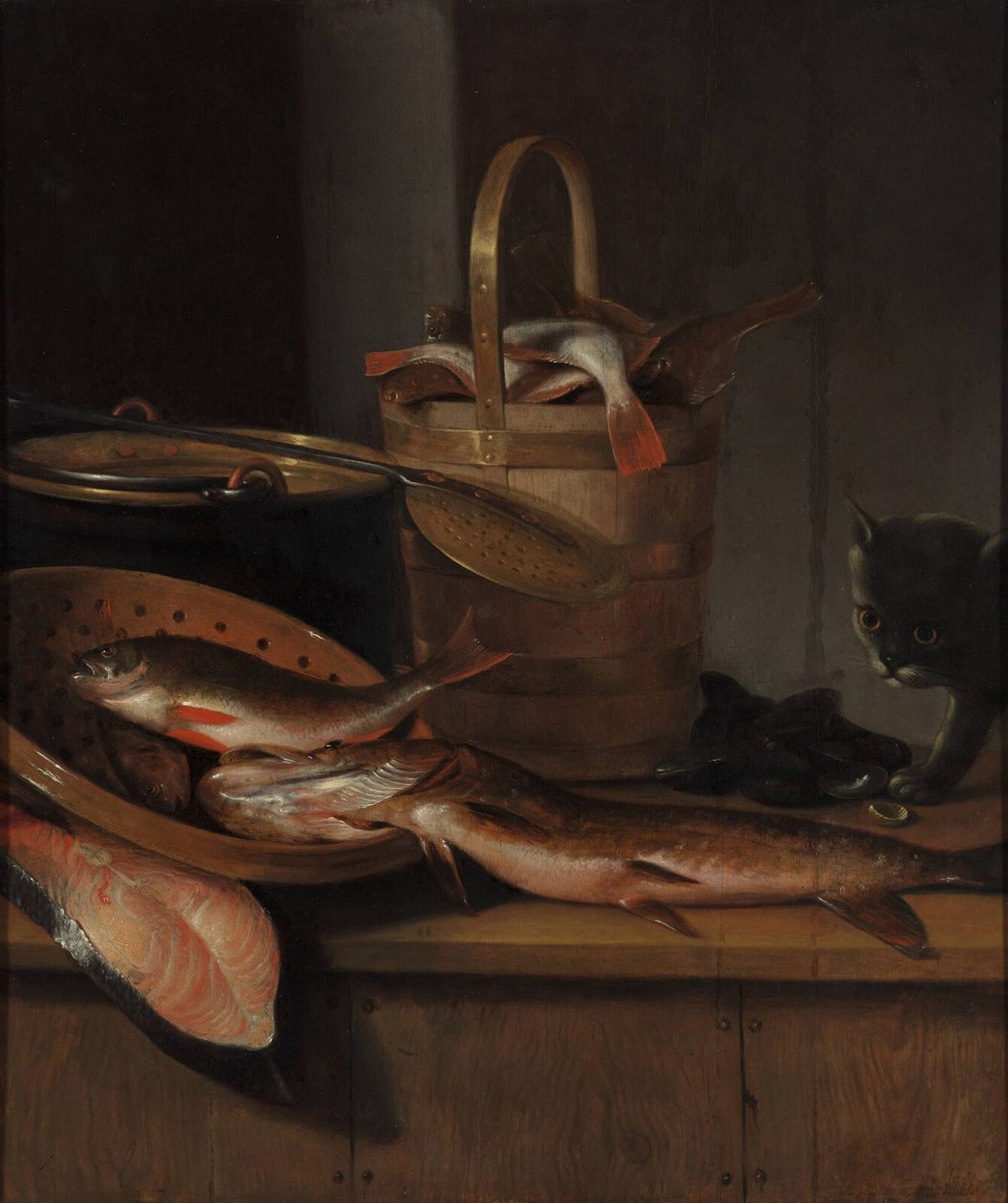 Stilleven met vis en een kat, ca. 1650-1660 door Wallerant Vaillant