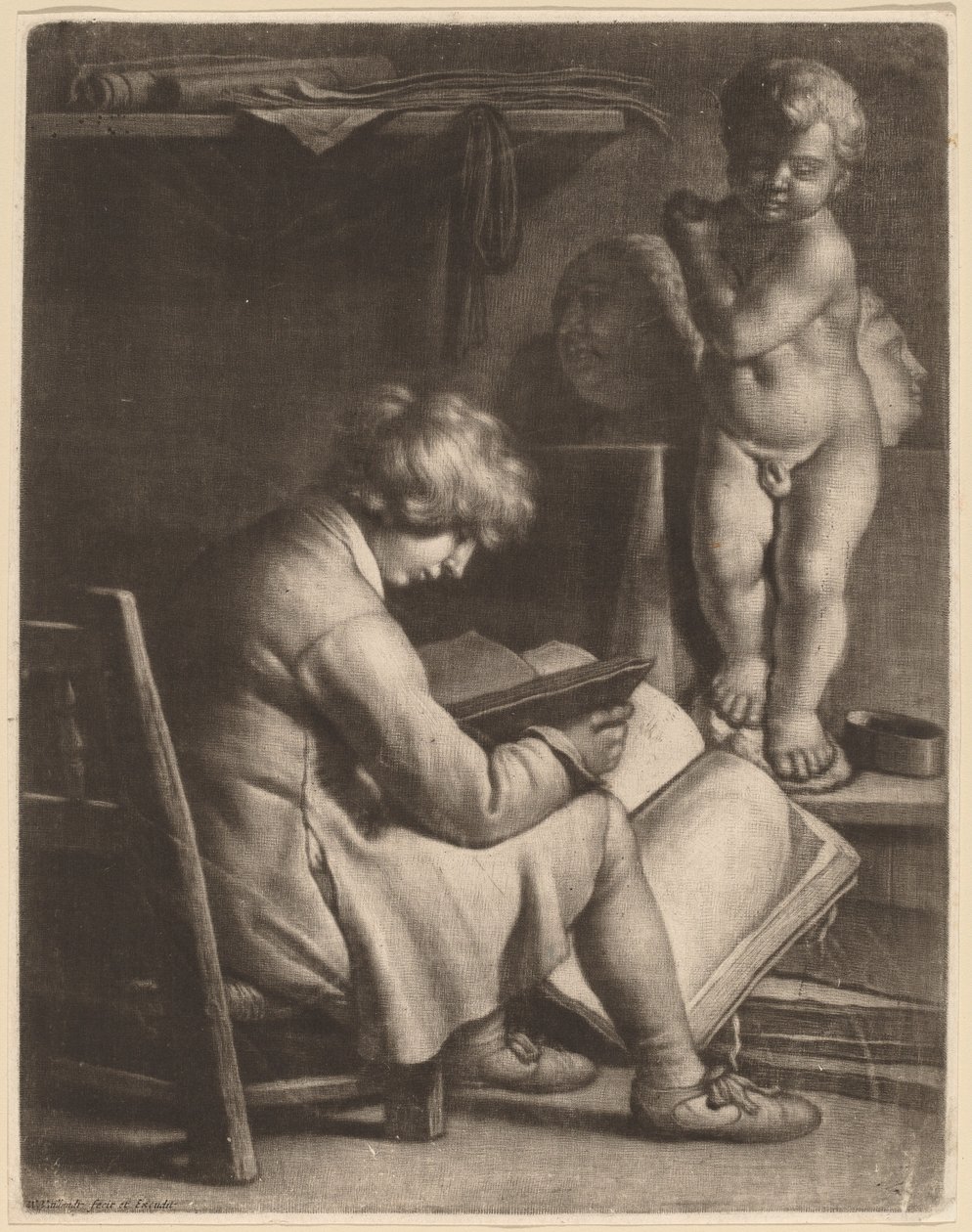 Jonge kunstenaar met een standbeeld van Cupido door Wallerant Vaillant