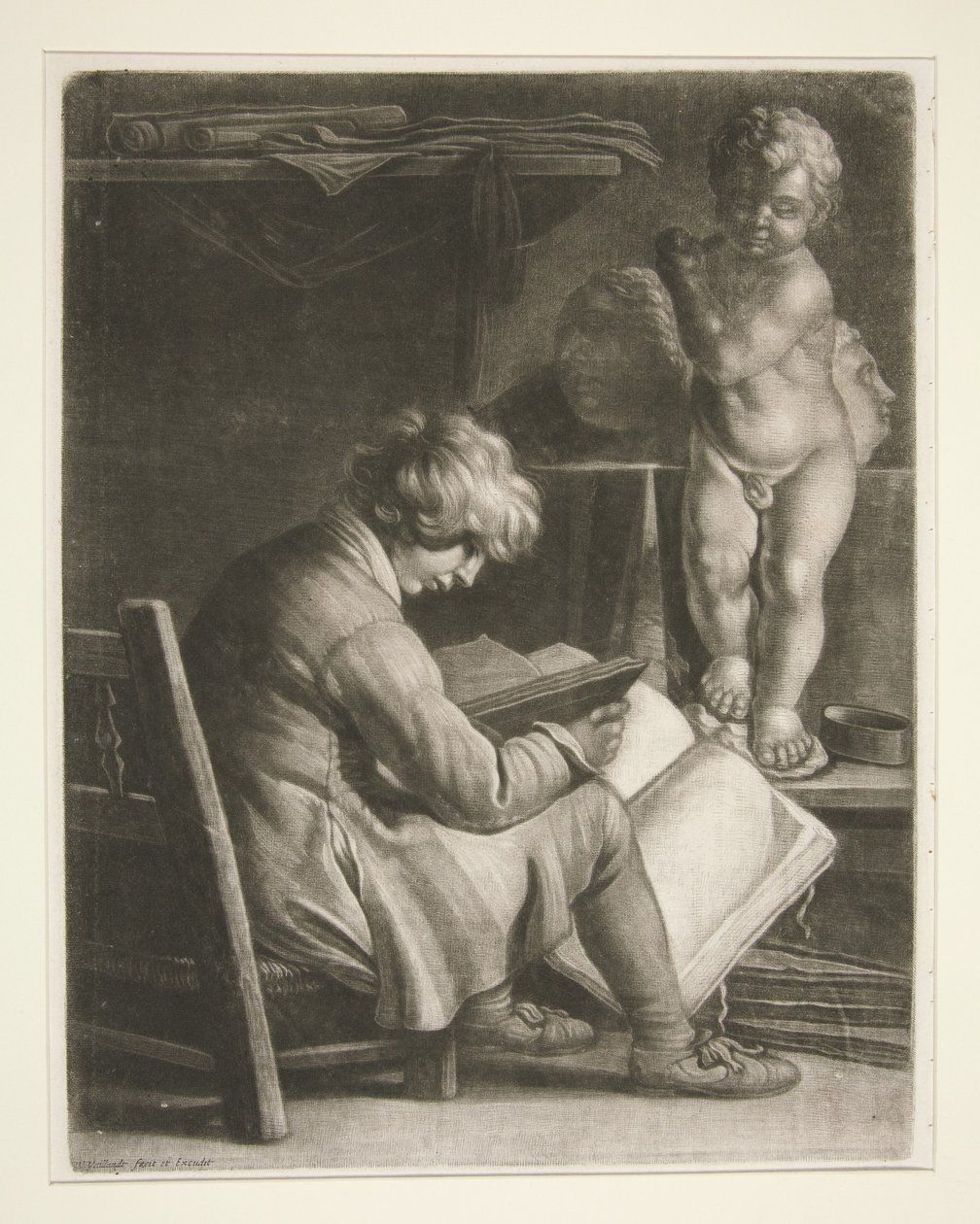 Jonge man met een standbeeld van Cupido door Wallerant Vaillant