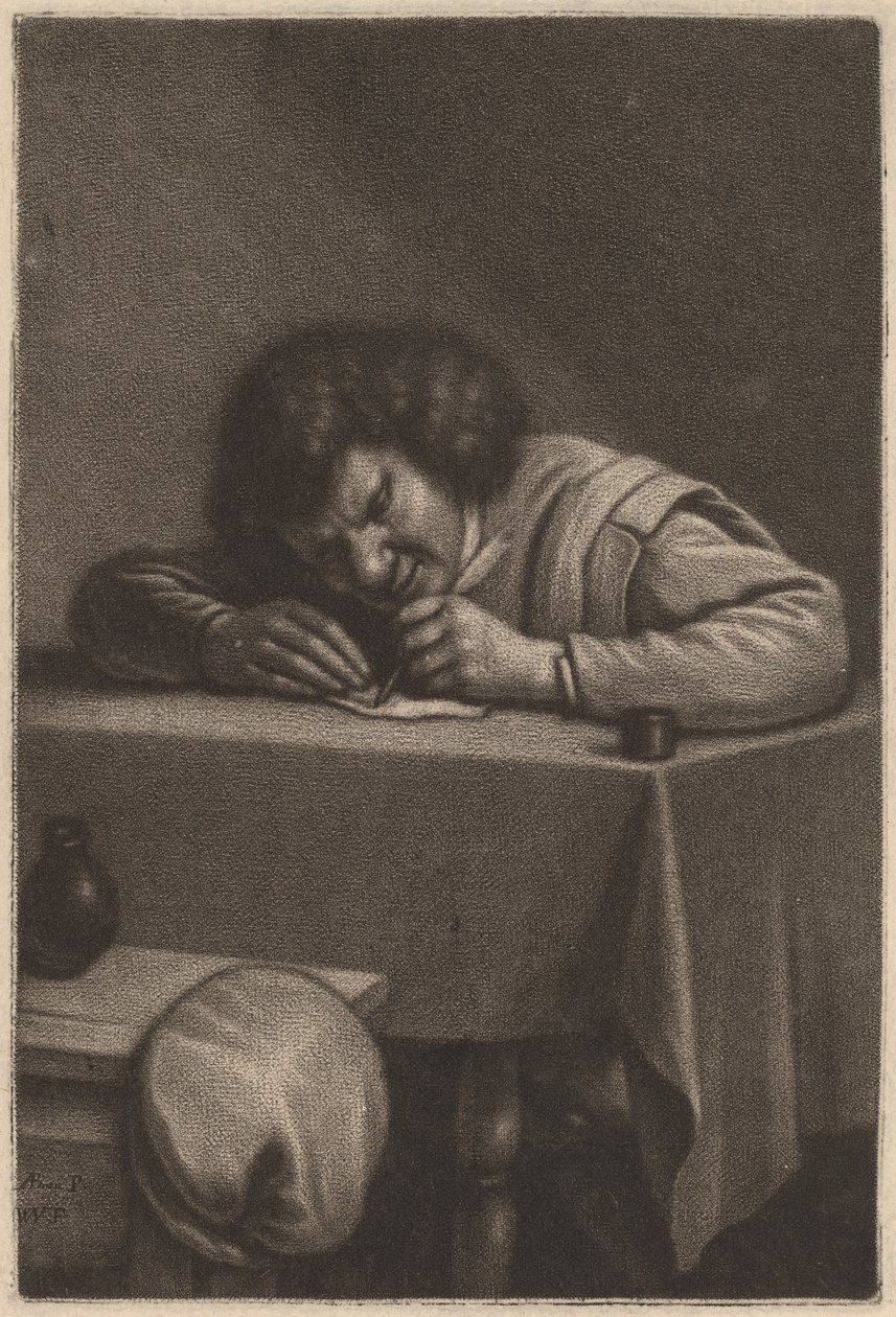 Een man die aan een tafel schrijft door Wallerant Vaillant after Adriaen Brouwer