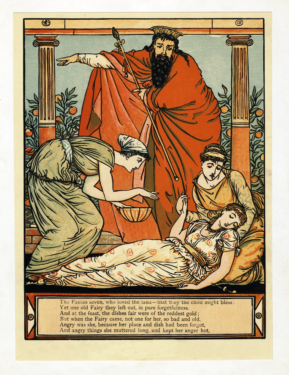 En ze valt neer in een doodachtige slaap, uit Het Blauwbaard Prentenboek, uitgegeven 1879 door Walter Crane