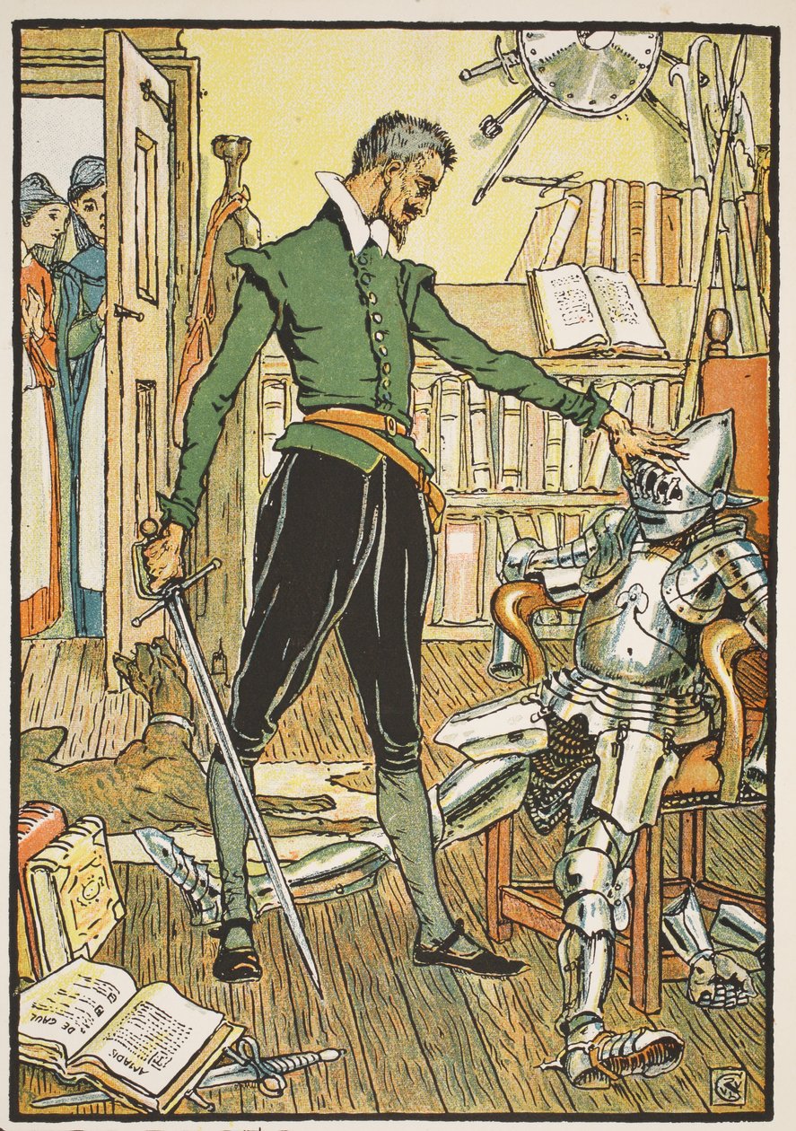 Don Quichot test zijn helm, illustratie uit 