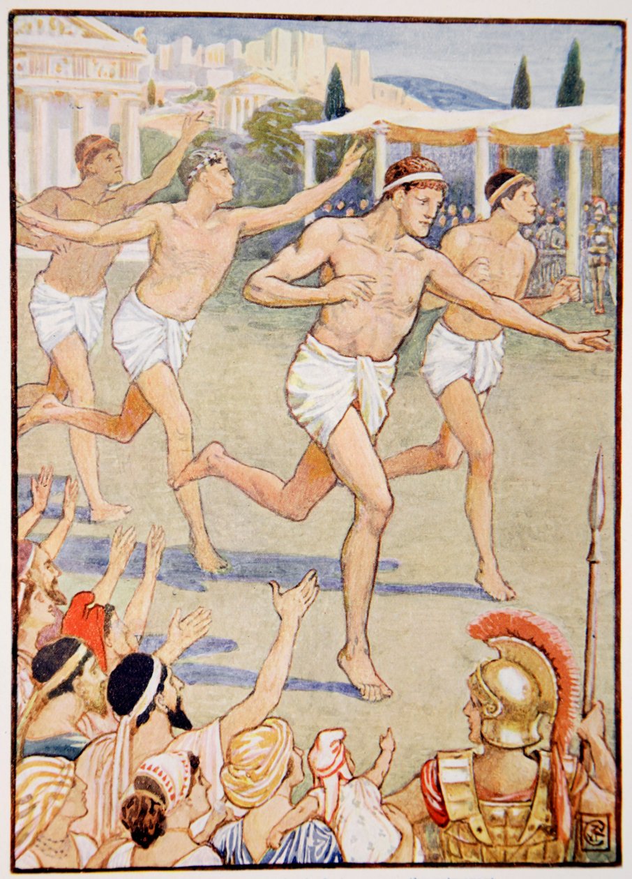 In de vroegste tijden was een eenvoudige hardloopwedstrijd het enige evenement, illustratie uit Het Verhaal van Griekenland door Mary Macgregor, 1e editie, 1913 door Walter Crane