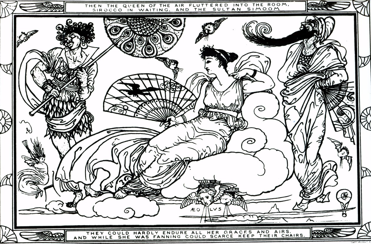 Toen de koningin van de lucht de kamer binnen fladderde, Sirocco in afwachting, en de sultan Simoom door Walter Crane