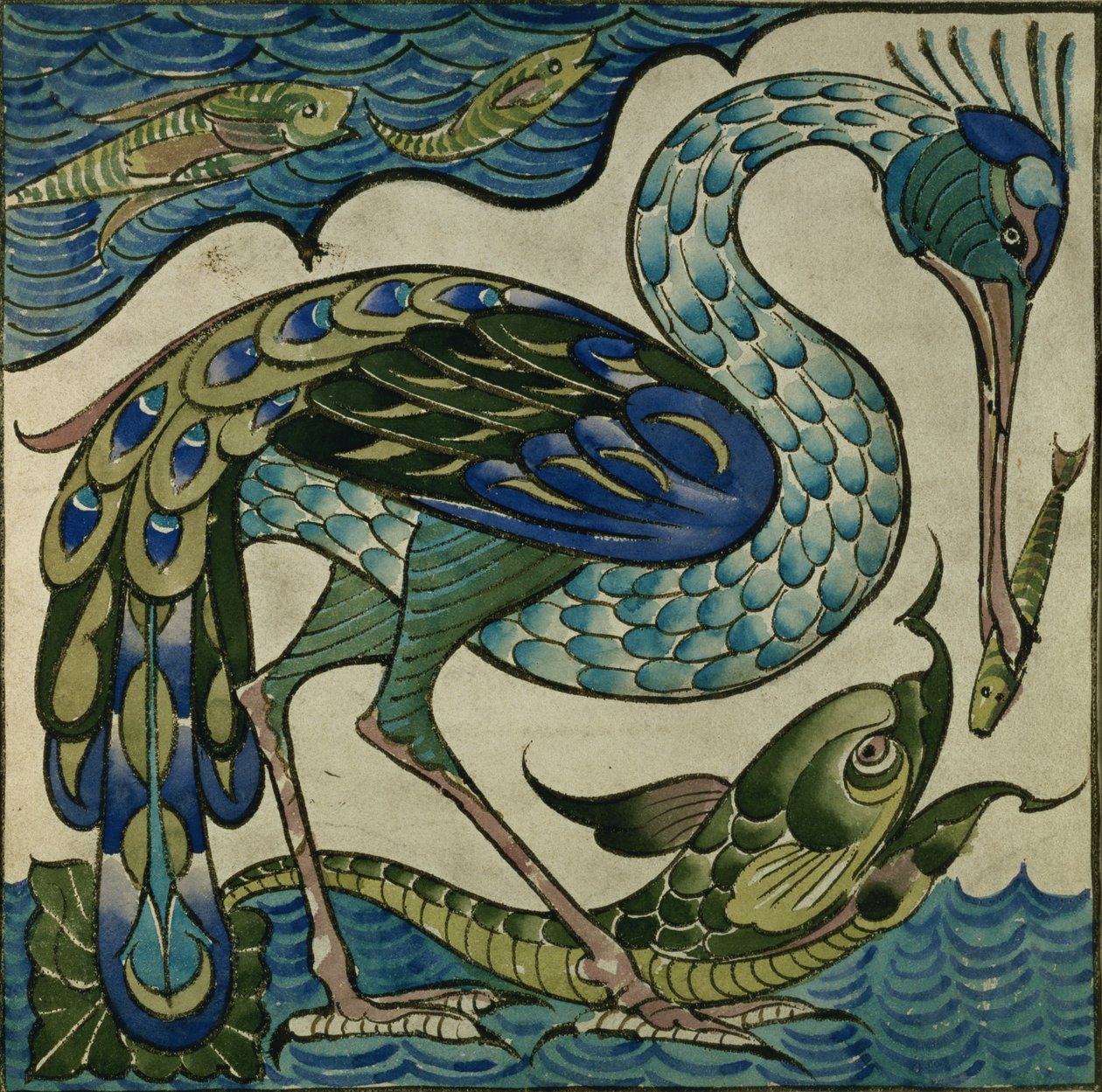 Tegeldesign van reiger en vis, door Walter Crane door Walter Crane