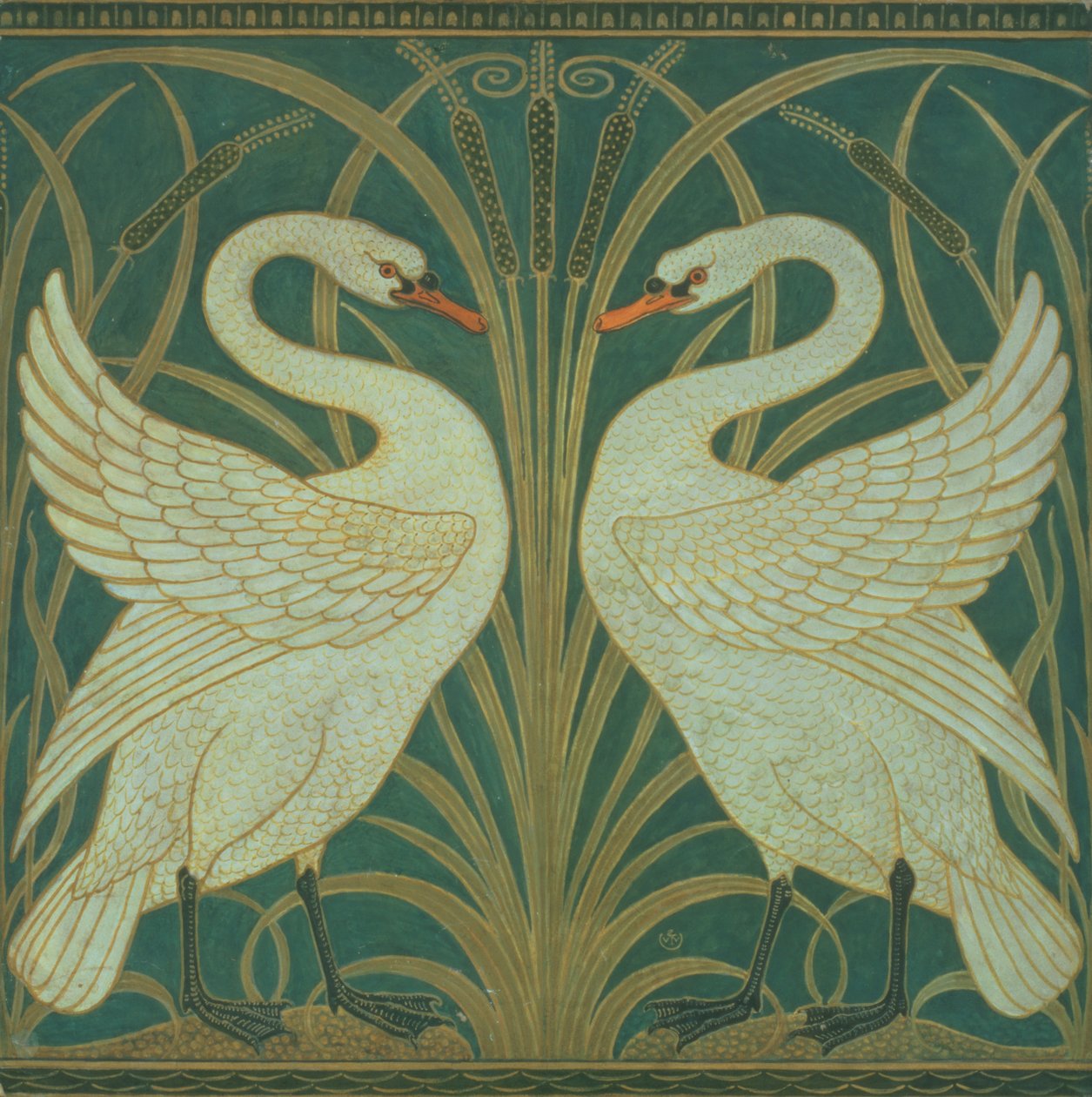 Behangontwerp voor paneel van Zwaan, Riet en Iris door Walter Crane