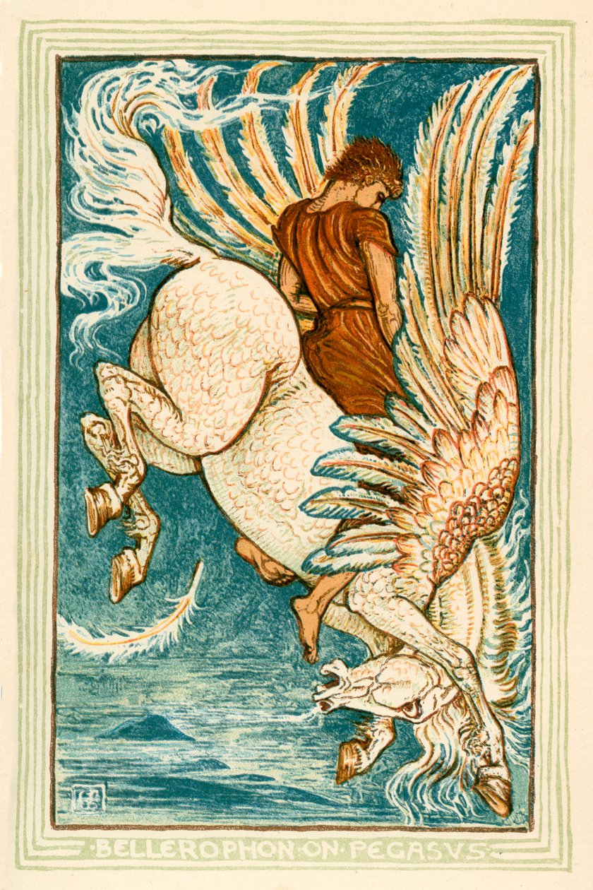 Bellerophon op Pegasus (kleurenlitho) door Walter (after) Crane