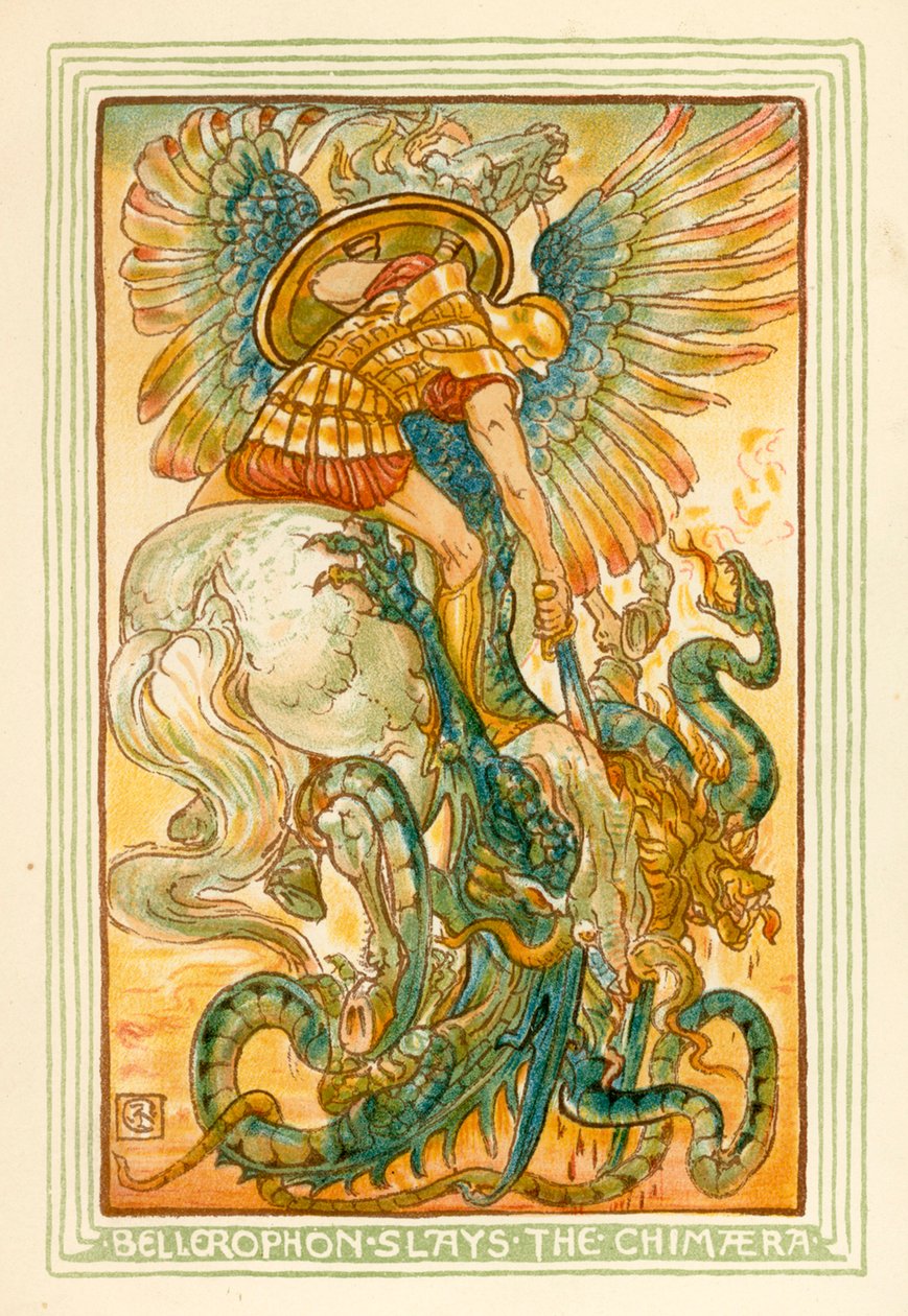 Bellerophon doodt de Chimaera (kleurenlitho) door Walter (after) Crane