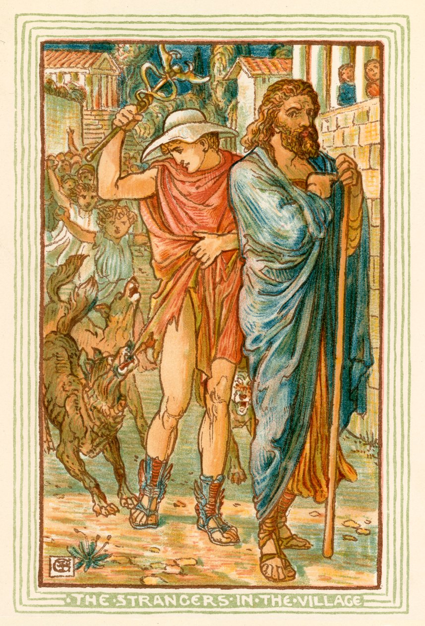 De vreemdelingen in het dorp (kleurenlitho) door Walter (after) Crane