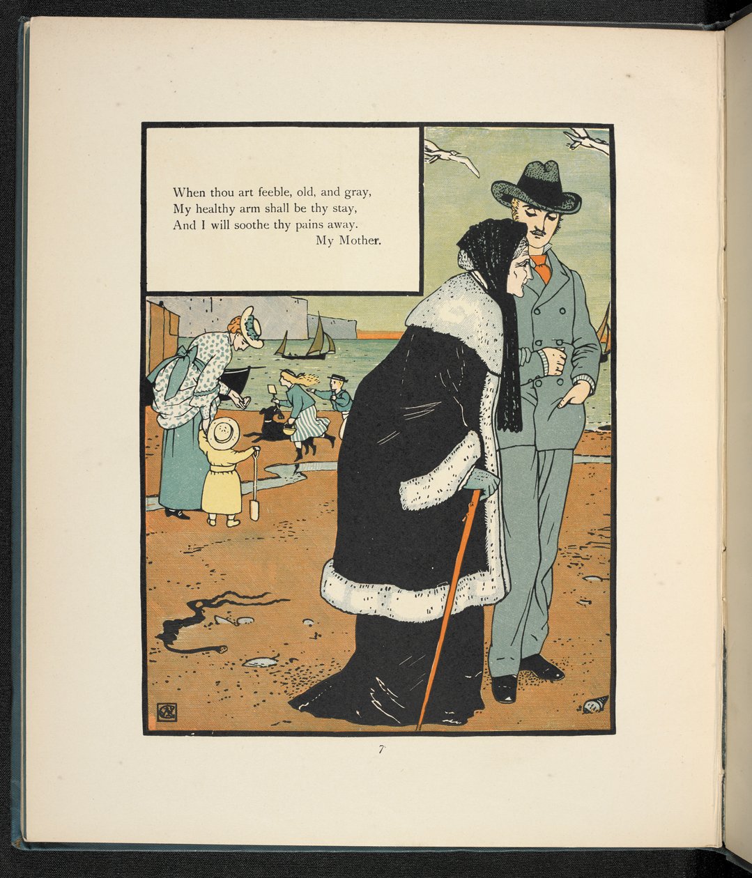 Een man met zijn moeder op het strand door Walter Crane