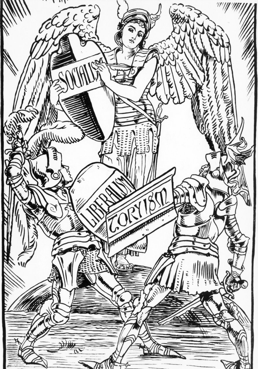 Allegorie van Walter Crane: Socialisme triomfeert hard in de strijd tussen liberalisme en Toryisme (Engelse Conservatieve Partij). Gravure uit het einde van de 19e eeuw door Walter Crane