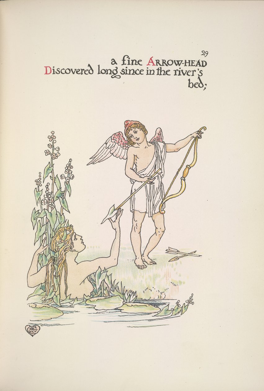Een engel die een pijl vasthoudt, en een dame in een rivier of meer door Walter Crane