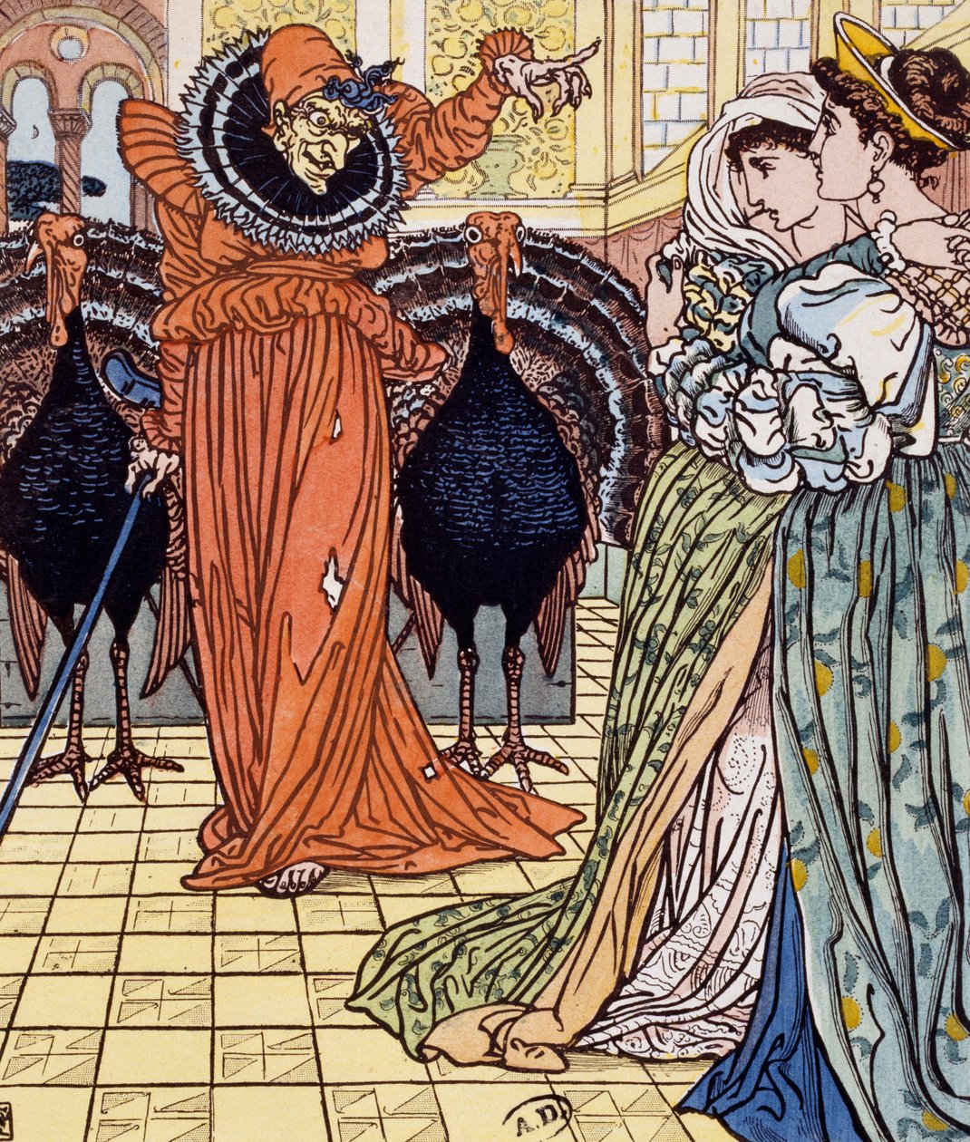 Verschijning van heks vergezeld door twee pauwen (gravure naar tekening van Walter Crane) door Walter Crane