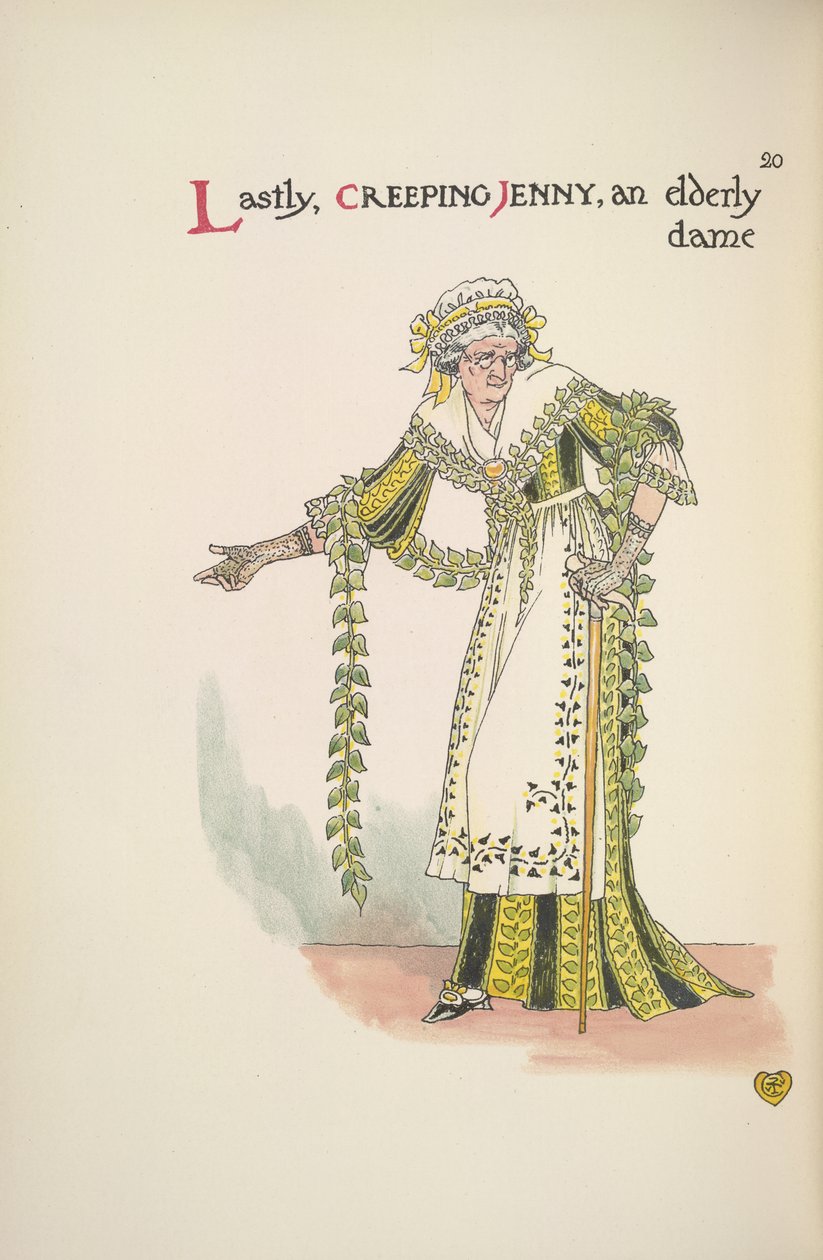 Kruipende Jenny. Een oudere dame met een wandelstok door Walter Crane