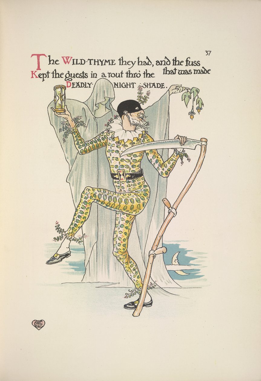 Dodelijke nachtschade. Een man met een masker, een geel kostuum en een zandloper en een zeis door Walter Crane