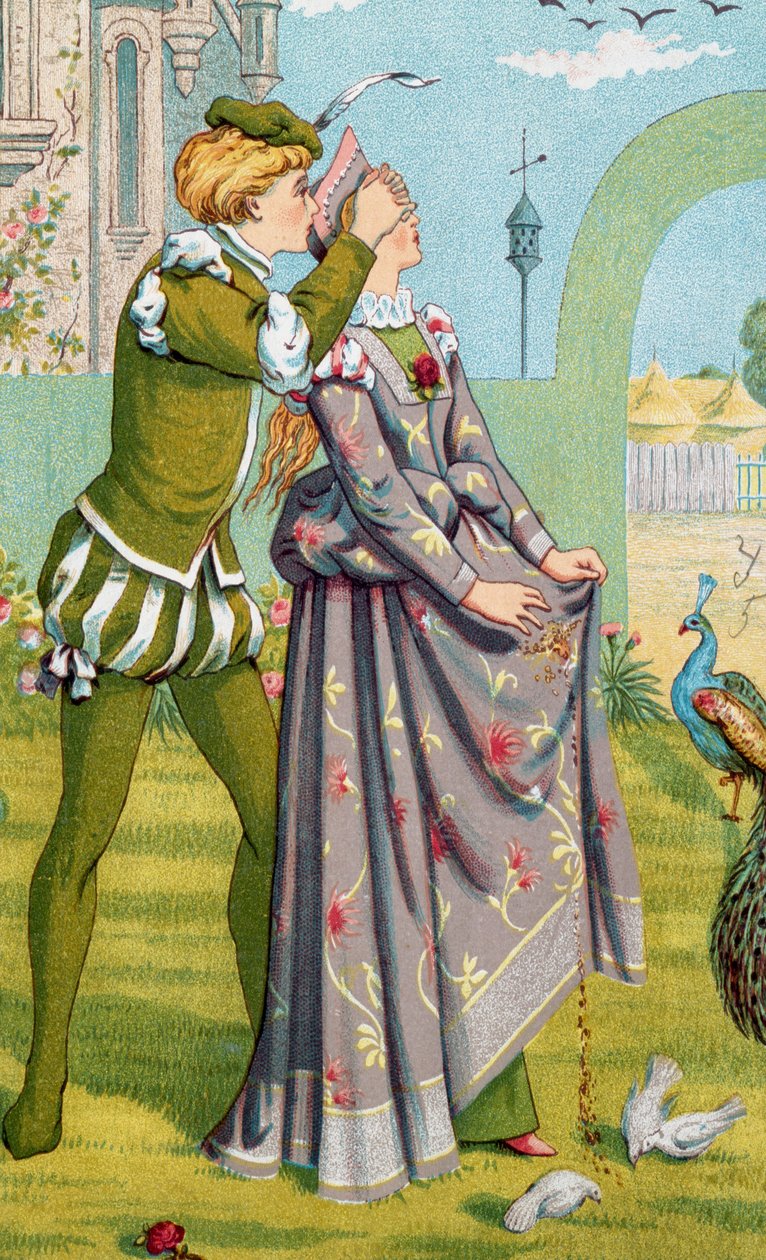 "De romantische verrassing" Een jongetje bedekt de ogen van een jong meisje. Illustratie door Walter Crane (1845-1915) en Kate Greenaway (1846-1901) door Walter Crane