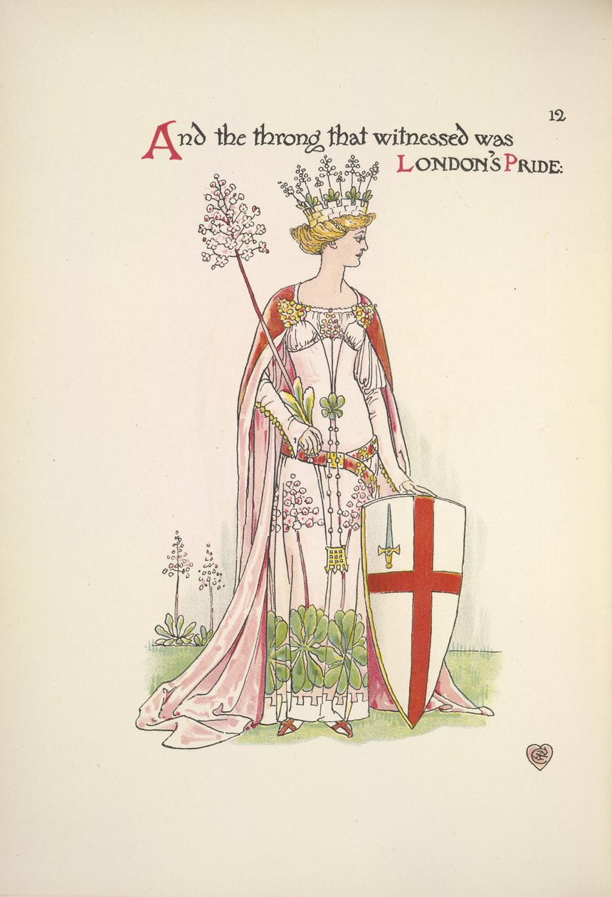 Londens trots. Een jonge vrouw die een schild met het kruis van St. George vasthoudt door Walter Crane