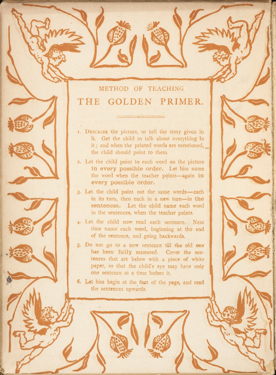 Methode om de gouden primer te onderwijzen. Bloemenrand, met cherubijnen. door Walter Crane