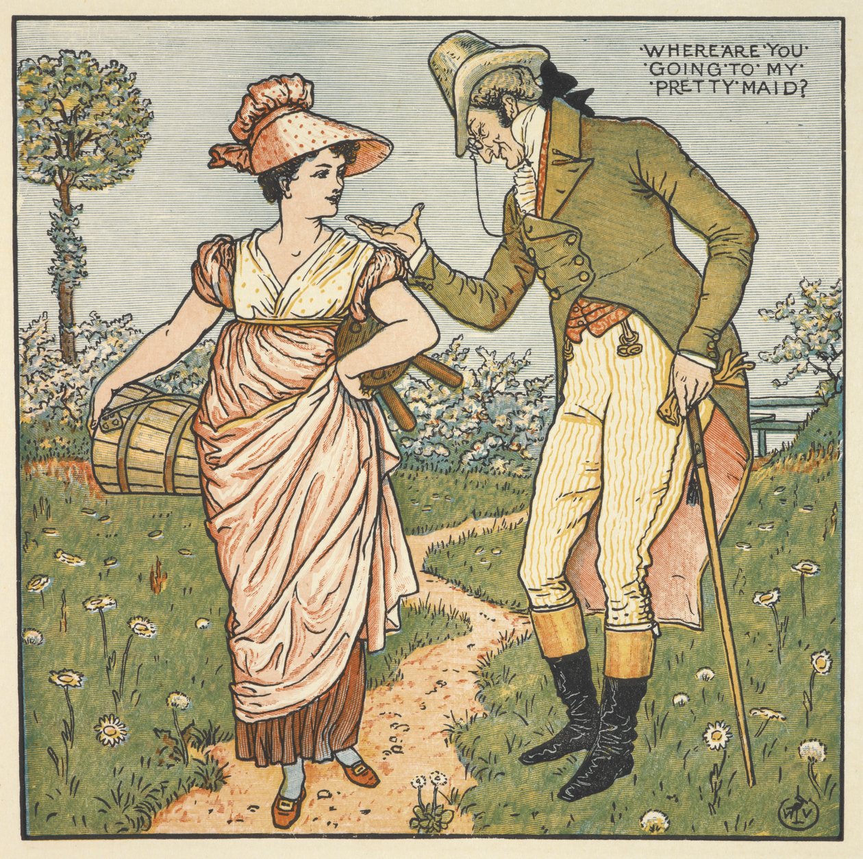 Mijn mooie meid. Een heer die met een jonge vrouw praat. door Walter Crane