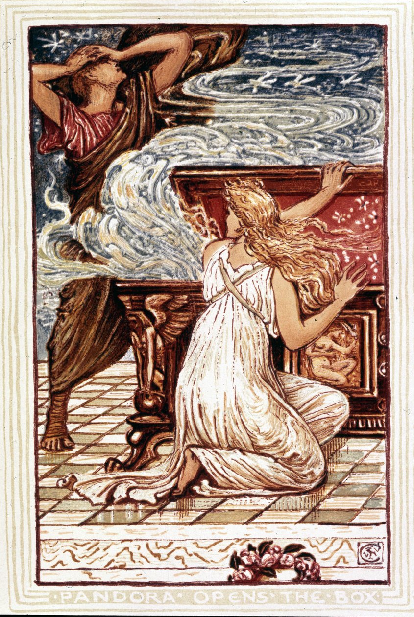 Pandora opent de doos. Illustratie door Walter Crane voor 