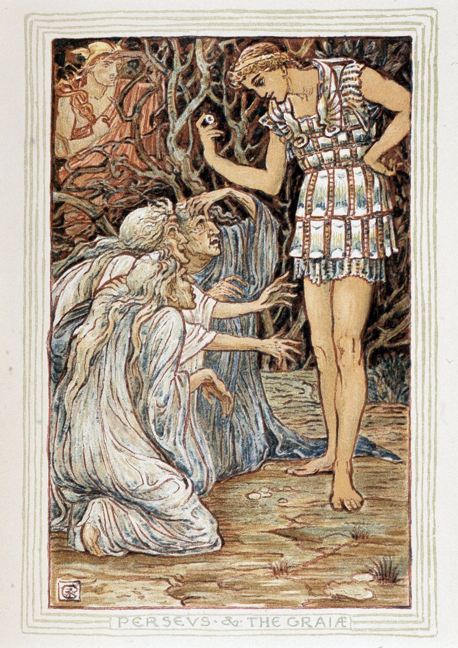 Persee en de Graia (Beotië, Griekenland) - Hij ontmoet drie oude vrouwen (heksen?) - in "A wonder book for girls and boys" door Walter Crane (1845-1915) door Walter Crane