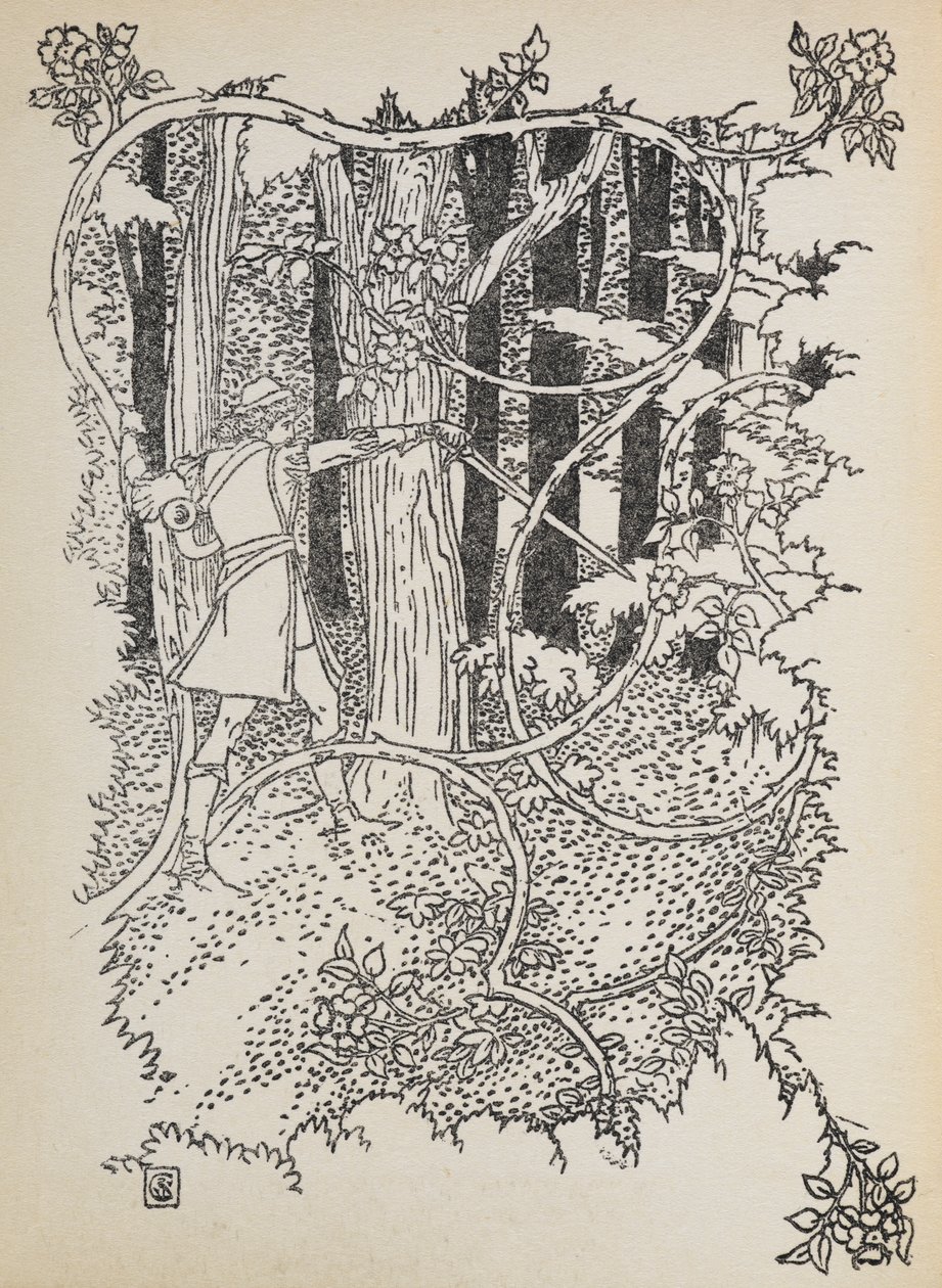 Prins Charmant baant zich een weg door het overwoekerde bos naar Doornroosje. door Walter Crane