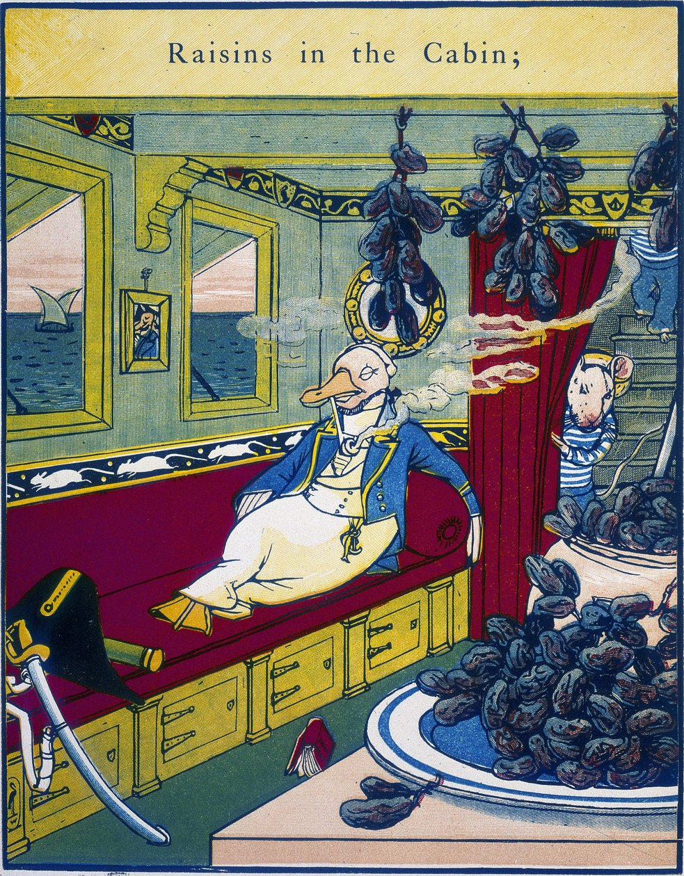 ""Rozijnen in de cabine", scène in een scheepscabine met een tros druiven op de voorgrond - in ""Routledge